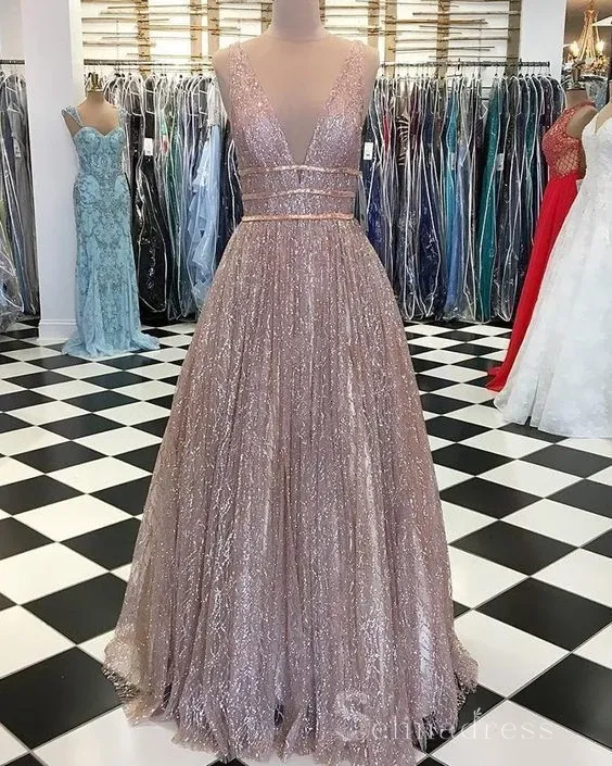 A-line V neck Sparkly Long Prom Dresses Open Back Charming  Prom Dress #SED185
