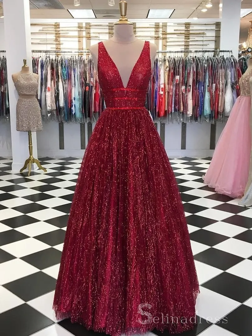 A-line V neck Sparkly Long Prom Dresses Open Back Charming  Prom Dress #SED185