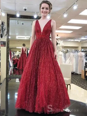 A-line V neck Sparkly Long Prom Dresses Open Back Charming  Prom Dress #SED185