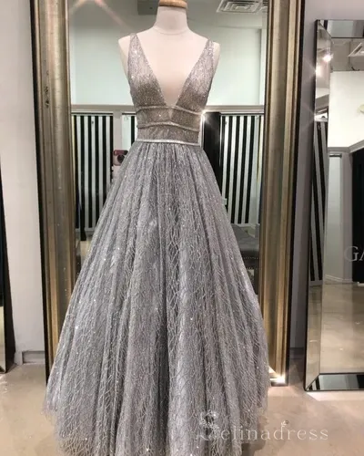 A-line V neck Sparkly Long Prom Dresses Open Back Charming  Prom Dress #SED185