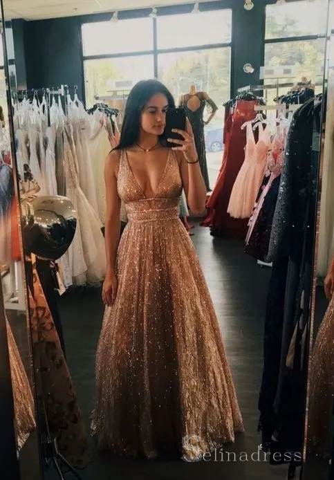 A-line V neck Sparkly Long Prom Dresses Open Back Charming  Prom Dress #SED185
