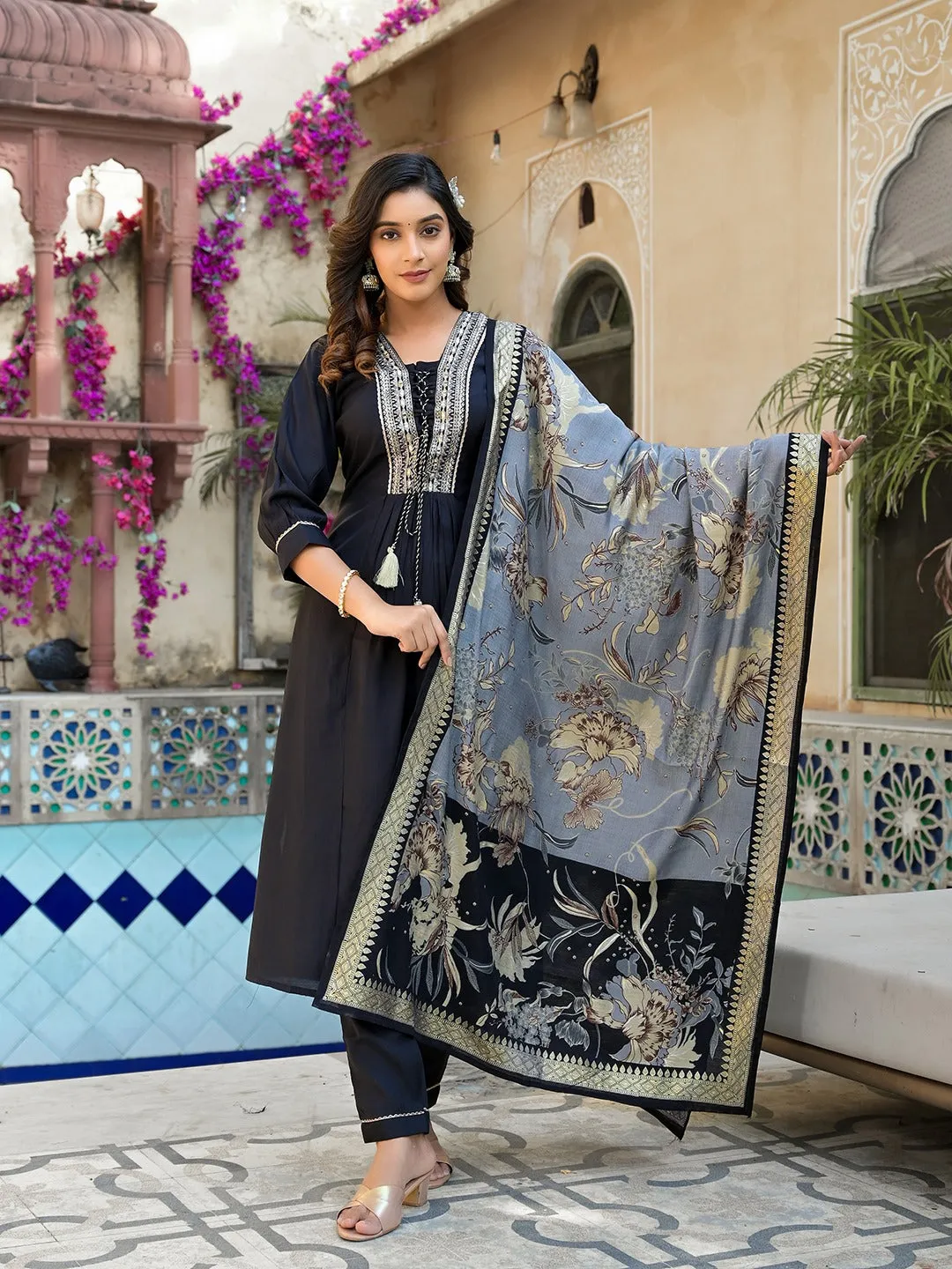 Black Thread_Work A-Line Kurta Trouser With Dupatta Set