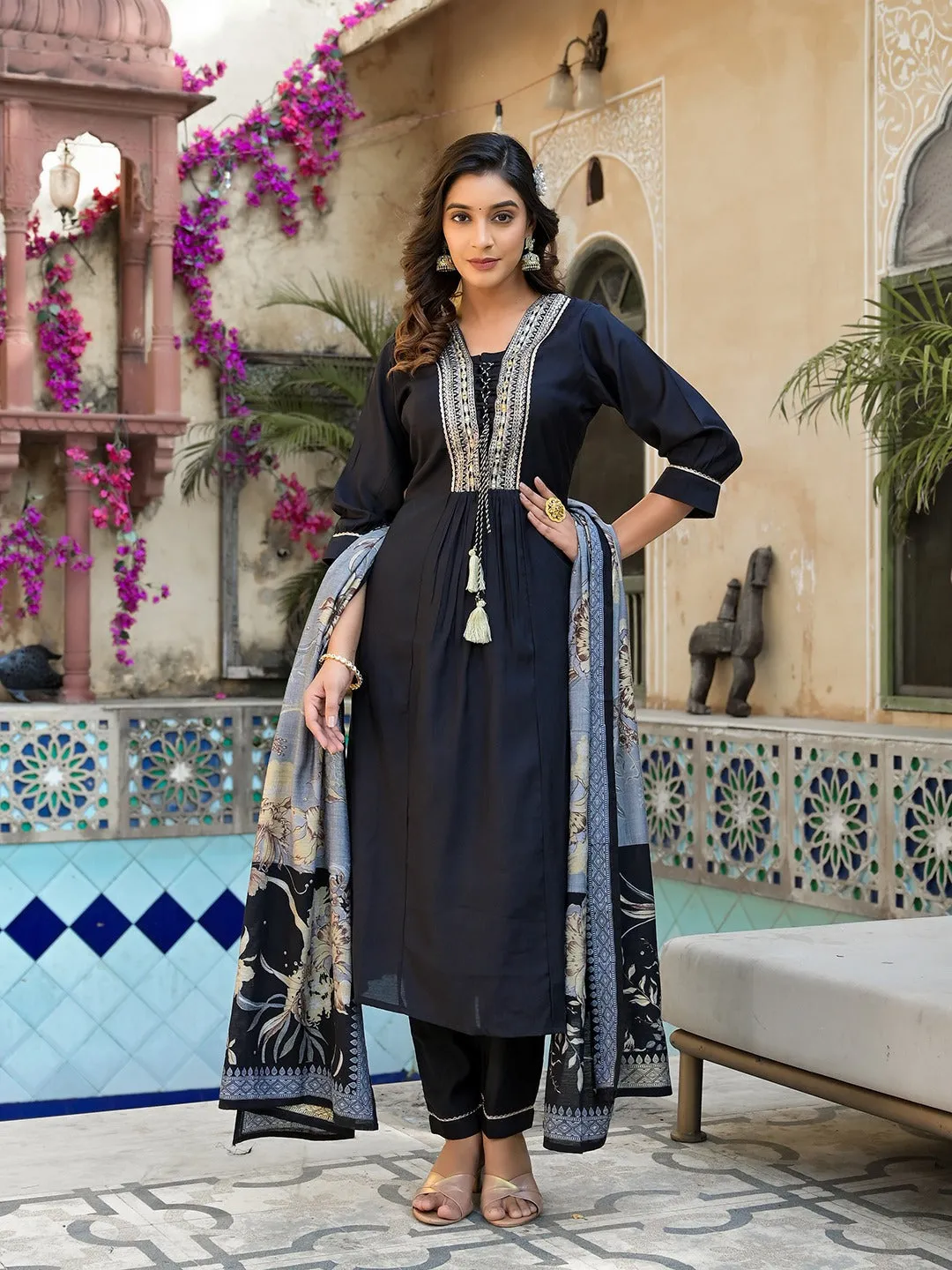 Black Thread_Work A-Line Kurta Trouser With Dupatta Set