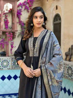 Black Thread_Work A-Line Kurta Trouser With Dupatta Set