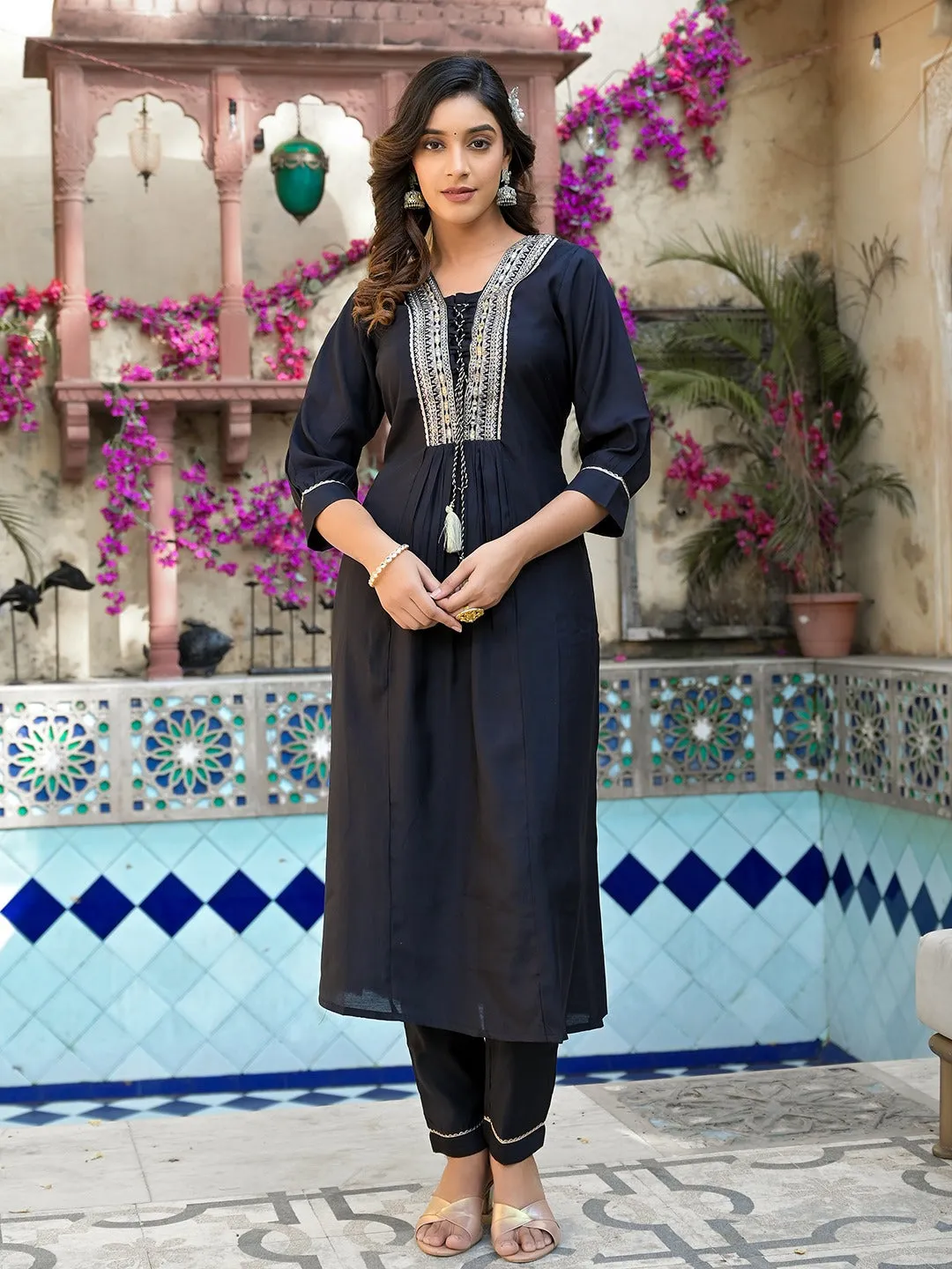Black Thread_Work A-Line Kurta Trouser With Dupatta Set