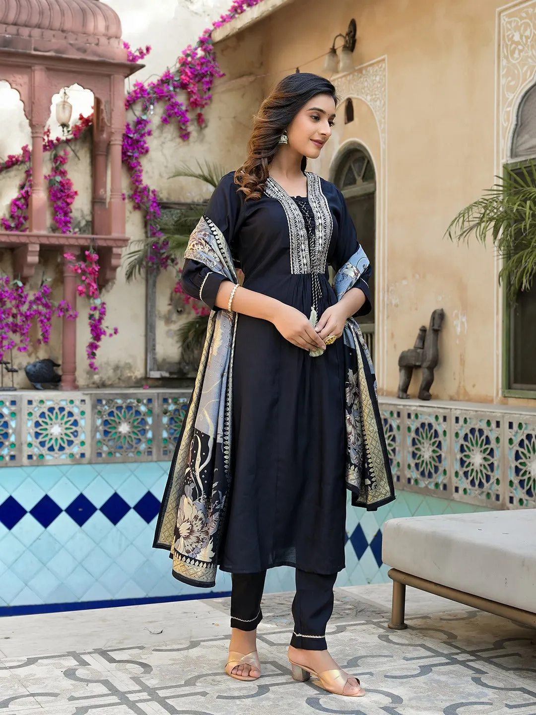 Black Thread_Work A-Line Kurta Trouser With Dupatta Set