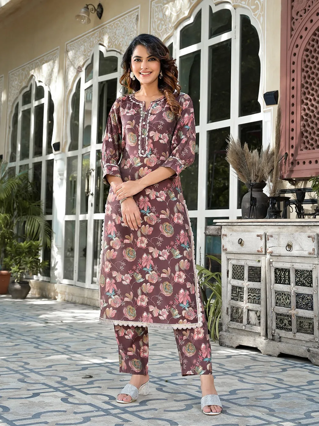 Brown Floral Print,Patch_Work Straight Kurta Trouser Set