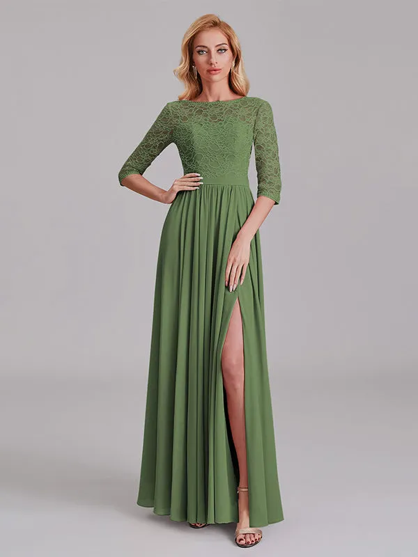 Charming Illusion 3/4 Sleeves Side Slit Chiffon Long Bridesmaid Dresses With Lace
