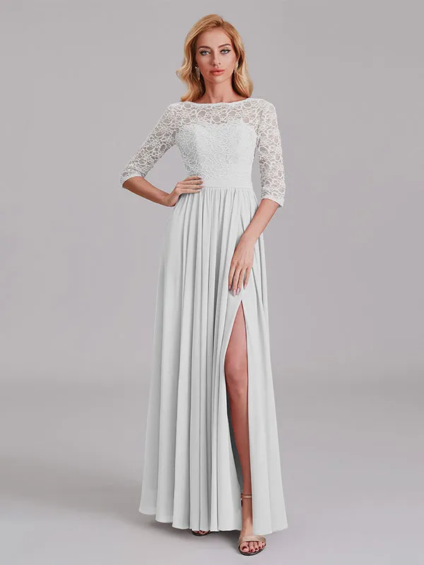 Charming Illusion 3/4 Sleeves Side Slit Chiffon Long Bridesmaid Dresses With Lace