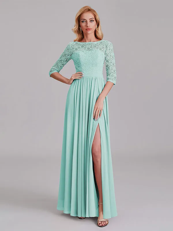 Charming Illusion 3/4 Sleeves Side Slit Chiffon Long Bridesmaid Dresses With Lace