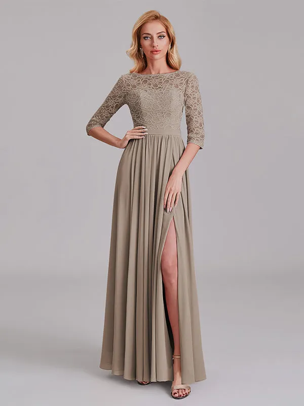 Charming Illusion 3/4 Sleeves Side Slit Chiffon Long Bridesmaid Dresses With Lace