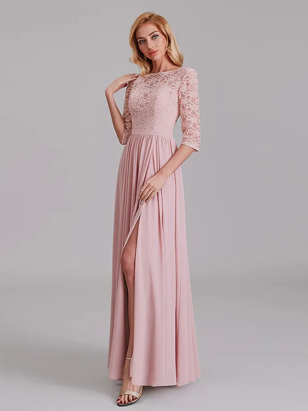 Charming Illusion 3/4 Sleeves Side Slit Chiffon Long Bridesmaid Dresses With Lace