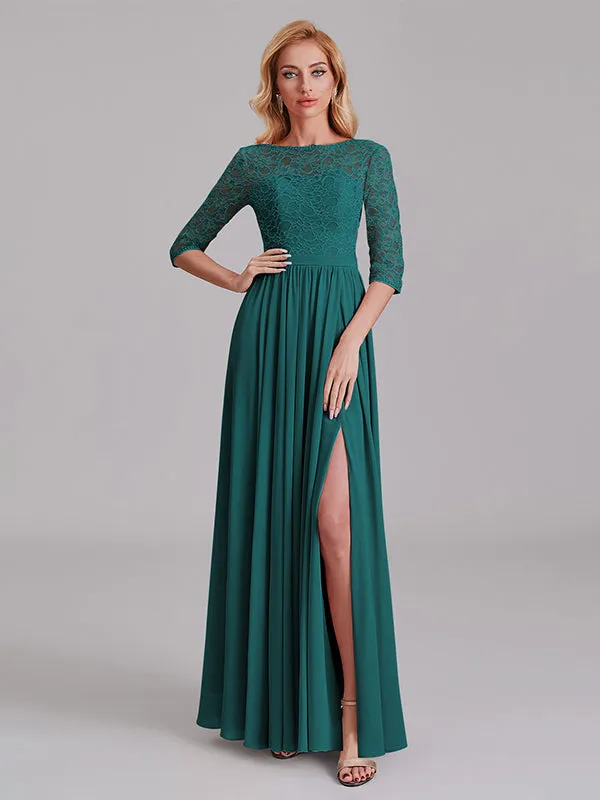 Charming Illusion 3/4 Sleeves Side Slit Chiffon Long Bridesmaid Dresses With Lace