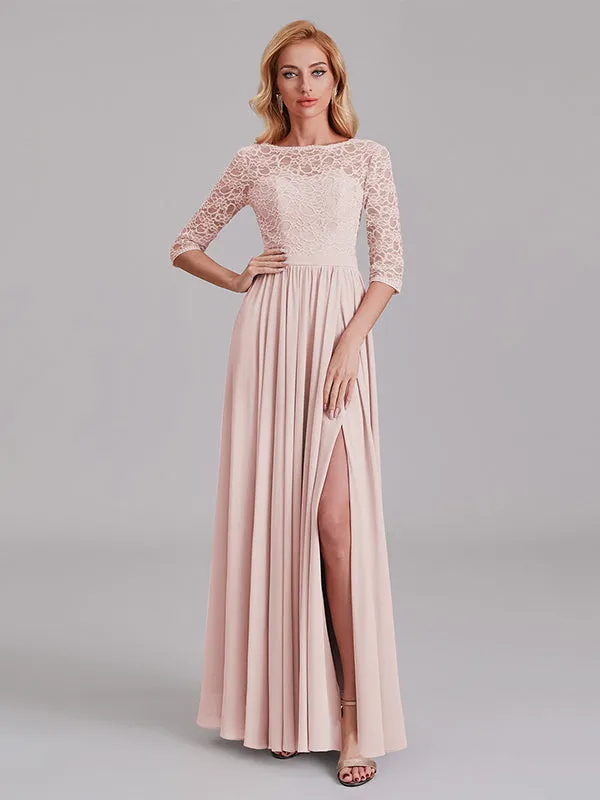 Charming Illusion 3/4 Sleeves Side Slit Chiffon Long Bridesmaid Dresses With Lace