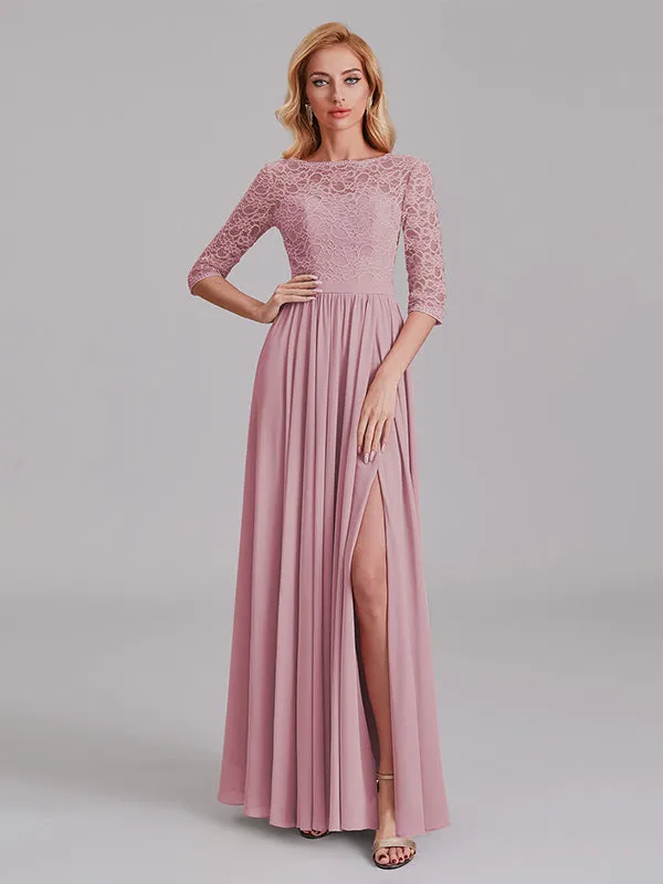 Charming Illusion 3/4 Sleeves Side Slit Chiffon Long Bridesmaid Dresses With Lace