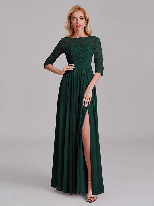 Charming Illusion 3/4 Sleeves Side Slit Chiffon Long Bridesmaid Dresses With Lace