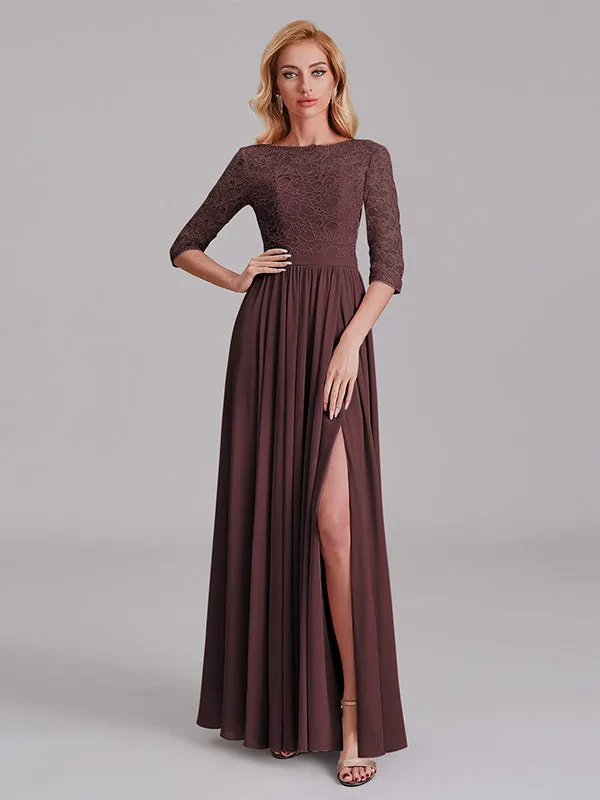 Charming Illusion 3/4 Sleeves Side Slit Chiffon Long Bridesmaid Dresses With Lace