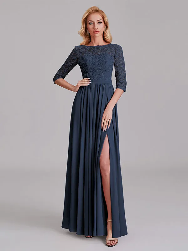 Charming Illusion 3/4 Sleeves Side Slit Chiffon Long Bridesmaid Dresses With Lace