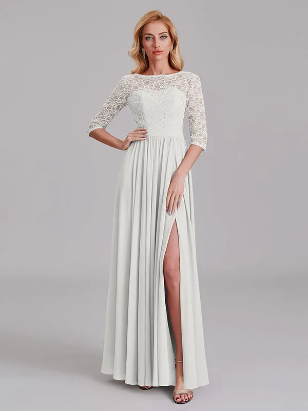 Charming Illusion 3/4 Sleeves Side Slit Chiffon Long Bridesmaid Dresses With Lace