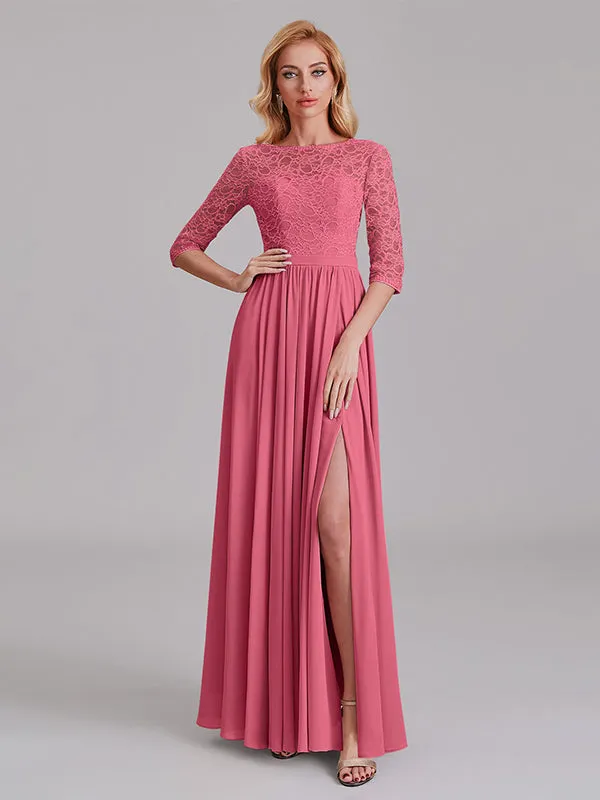 Charming Illusion 3/4 Sleeves Side Slit Chiffon Long Bridesmaid Dresses With Lace