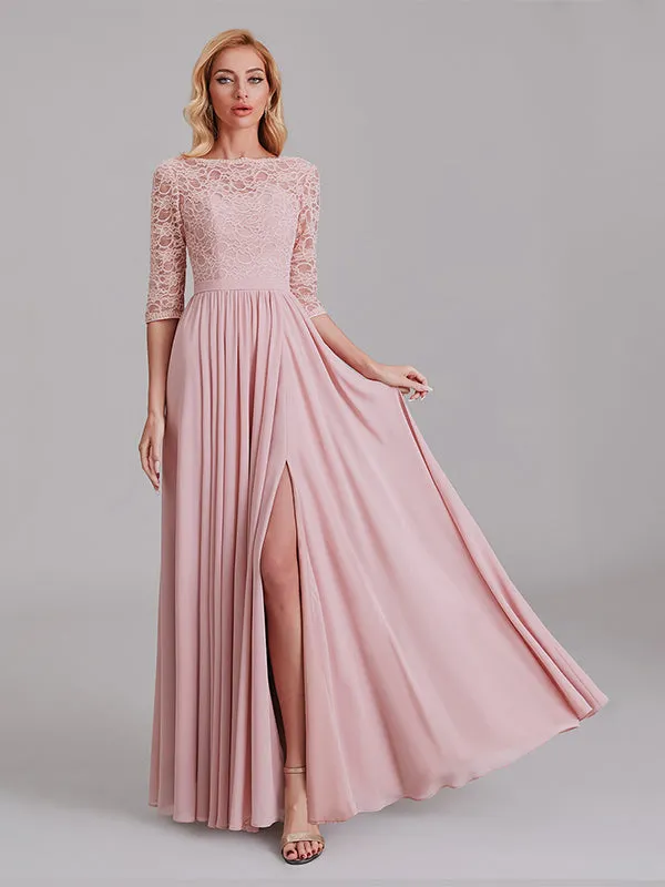 Charming Illusion 3/4 Sleeves Side Slit Chiffon Long Bridesmaid Dresses With Lace