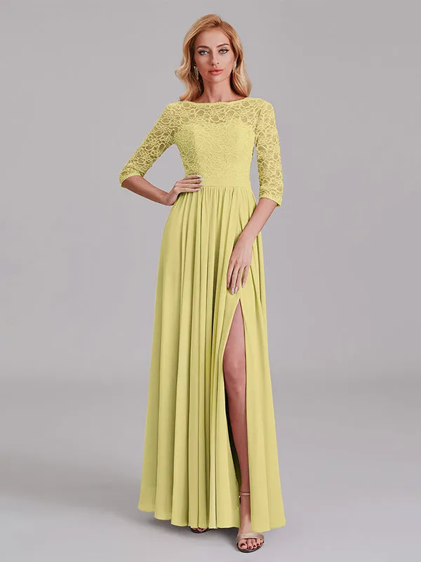 Charming Illusion 3/4 Sleeves Side Slit Chiffon Long Bridesmaid Dresses With Lace
