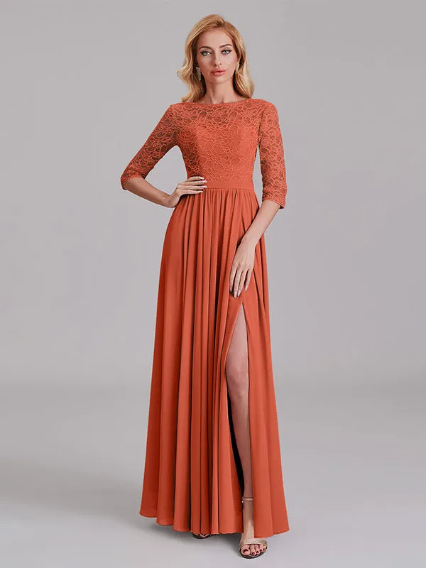 Charming Illusion 3/4 Sleeves Side Slit Chiffon Long Bridesmaid Dresses With Lace