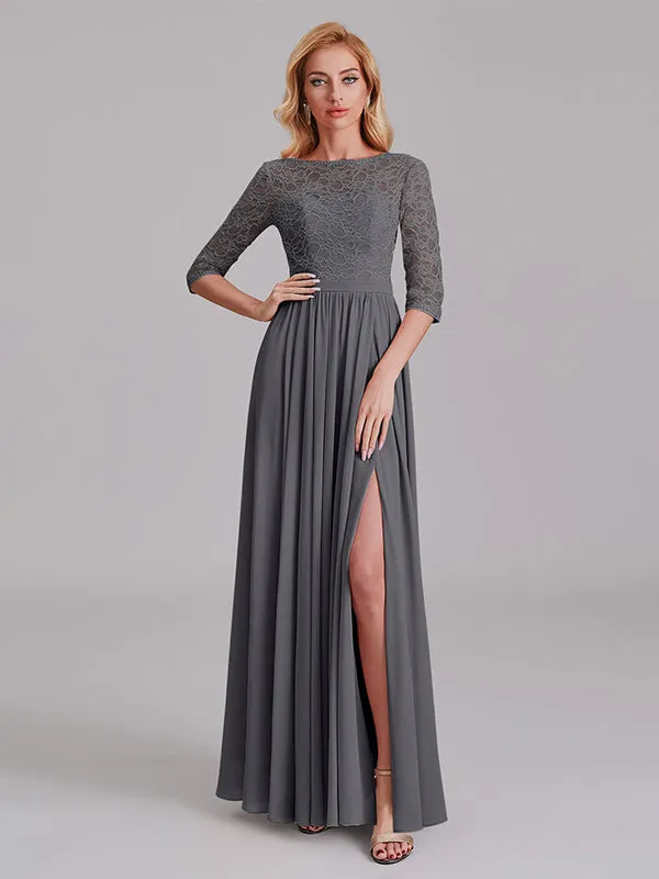 Charming Illusion 3/4 Sleeves Side Slit Chiffon Long Bridesmaid Dresses With Lace