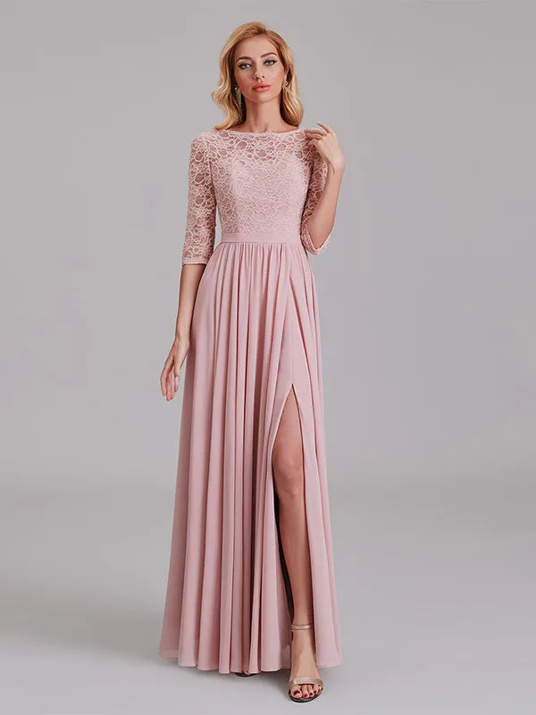 Charming Illusion 3/4 Sleeves Side Slit Chiffon Long Bridesmaid Dresses With Lace