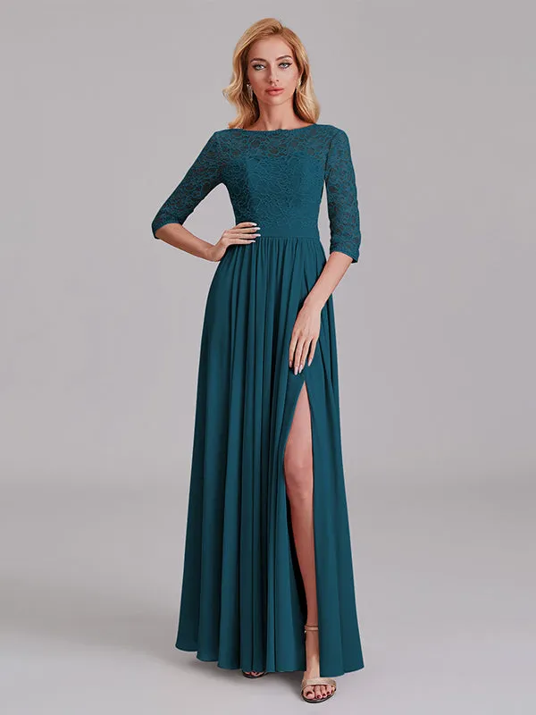 Charming Illusion 3/4 Sleeves Side Slit Chiffon Long Bridesmaid Dresses With Lace