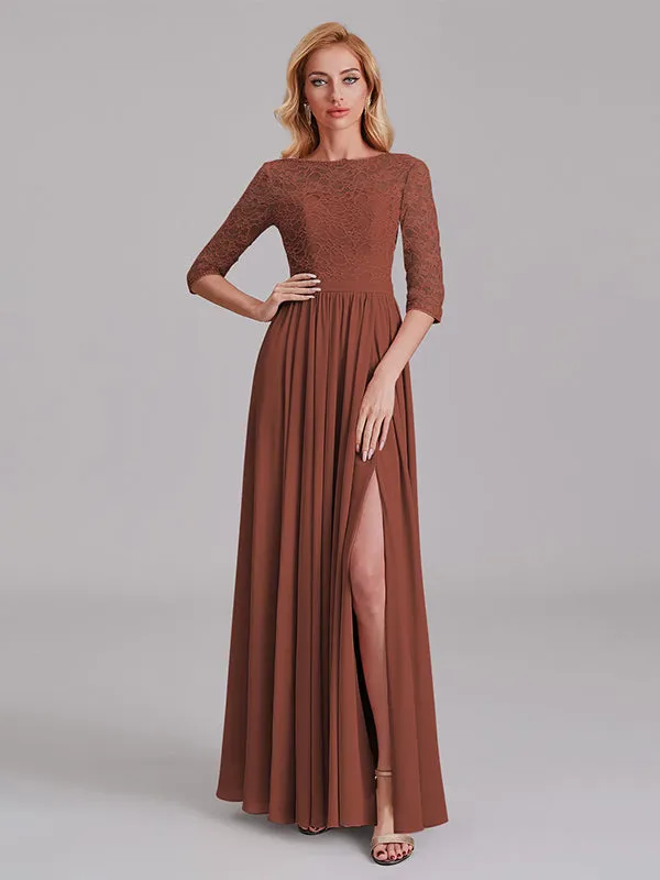Charming Illusion 3/4 Sleeves Side Slit Chiffon Long Bridesmaid Dresses With Lace