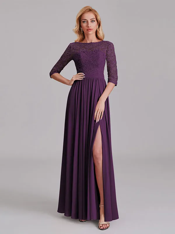 Charming Illusion 3/4 Sleeves Side Slit Chiffon Long Bridesmaid Dresses With Lace