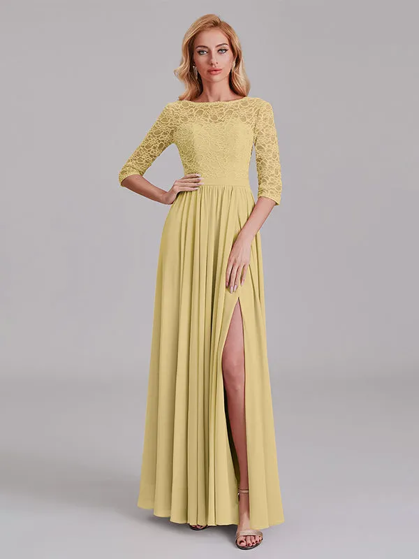 Charming Illusion 3/4 Sleeves Side Slit Chiffon Long Bridesmaid Dresses With Lace