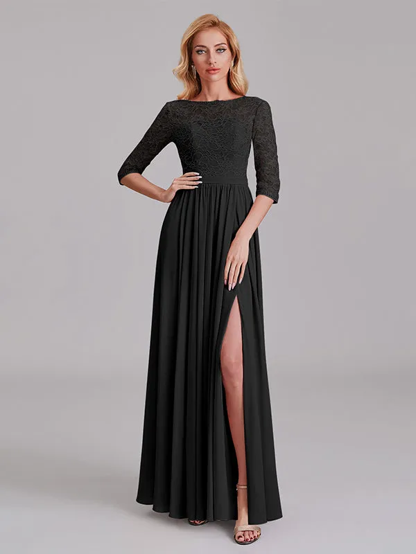 Charming Illusion 3/4 Sleeves Side Slit Chiffon Long Bridesmaid Dresses With Lace