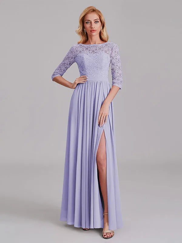 Charming Illusion 3/4 Sleeves Side Slit Chiffon Long Bridesmaid Dresses With Lace