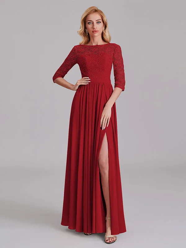 Charming Illusion 3/4 Sleeves Side Slit Chiffon Long Bridesmaid Dresses With Lace