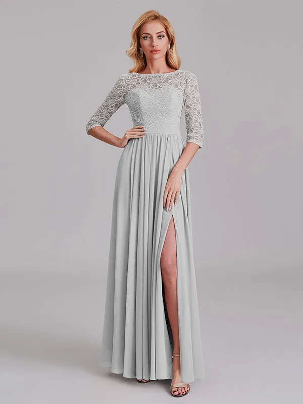 Charming Illusion 3/4 Sleeves Side Slit Chiffon Long Bridesmaid Dresses With Lace
