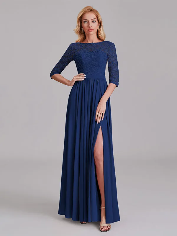 Charming Illusion 3/4 Sleeves Side Slit Chiffon Long Bridesmaid Dresses With Lace