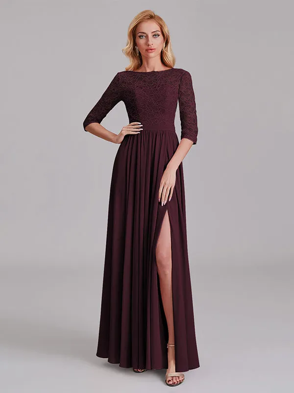 Charming Illusion 3/4 Sleeves Side Slit Chiffon Long Bridesmaid Dresses With Lace