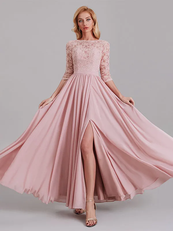 Charming Illusion 3/4 Sleeves Side Slit Chiffon Long Bridesmaid Dresses With Lace