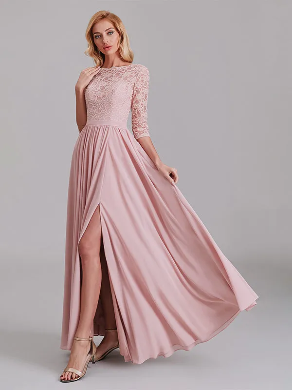 Charming Illusion 3/4 Sleeves Side Slit Chiffon Long Bridesmaid Dresses With Lace