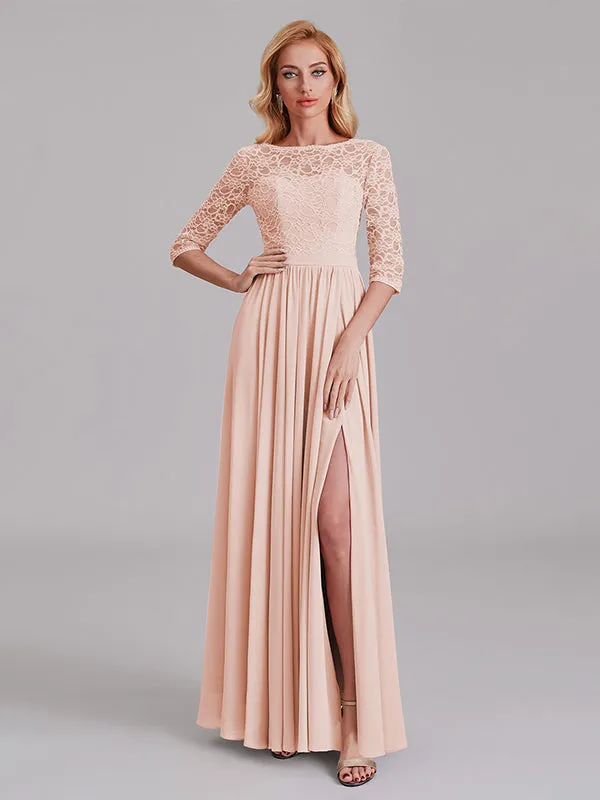 Charming Illusion 3/4 Sleeves Side Slit Chiffon Long Bridesmaid Dresses With Lace