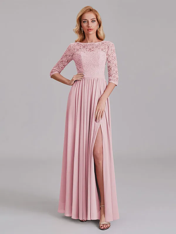 Charming Illusion 3/4 Sleeves Side Slit Chiffon Long Bridesmaid Dresses With Lace