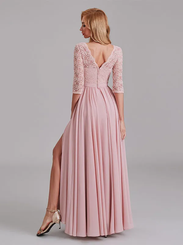 Charming Illusion 3/4 Sleeves Side Slit Chiffon Long Bridesmaid Dresses With Lace