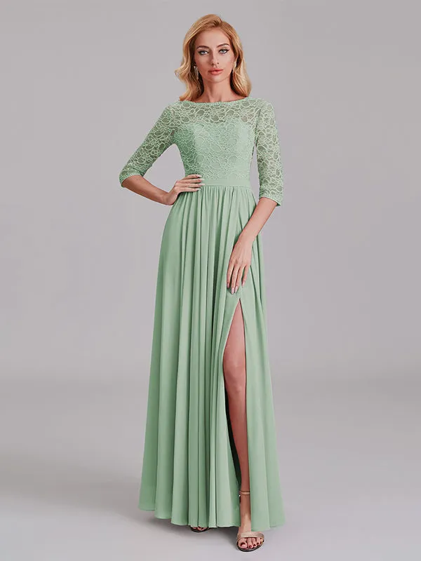 Charming Illusion 3/4 Sleeves Side Slit Chiffon Long Bridesmaid Dresses With Lace