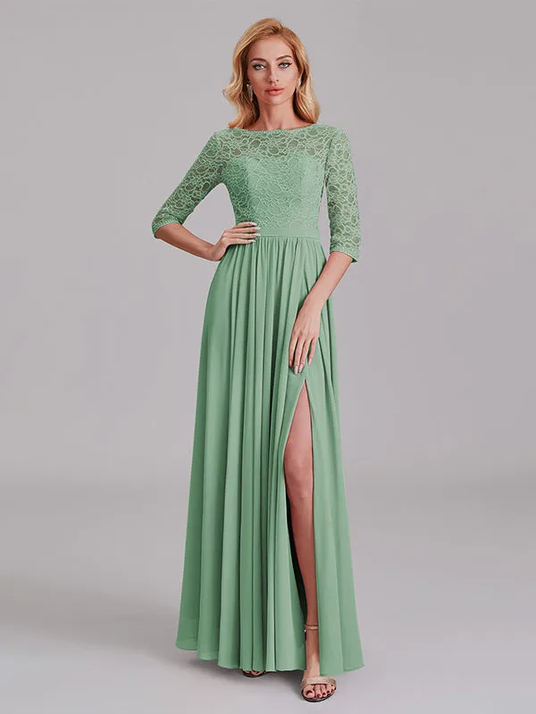 Charming Illusion 3/4 Sleeves Side Slit Chiffon Long Bridesmaid Dresses With Lace