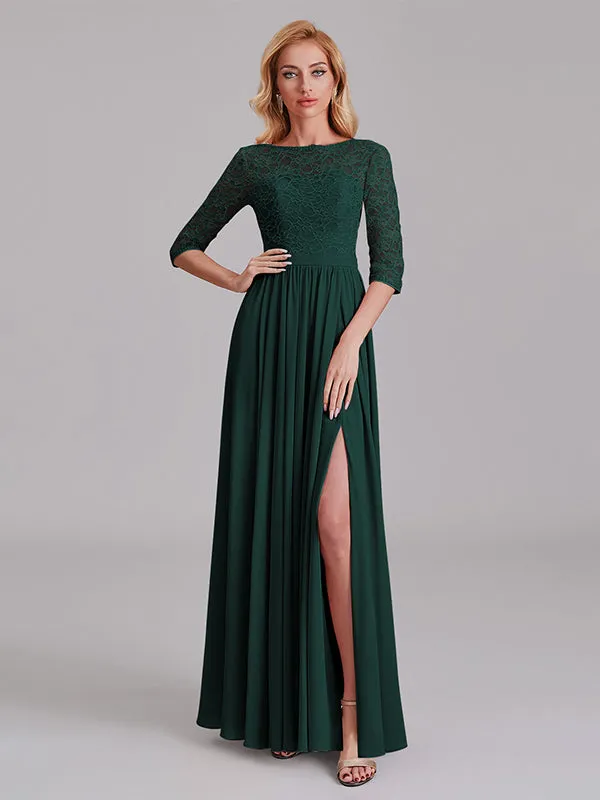 Charming Illusion 3/4 Sleeves Side Slit Chiffon Long Bridesmaid Dresses With Lace
