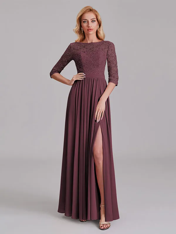 Charming Illusion 3/4 Sleeves Side Slit Chiffon Long Bridesmaid Dresses With Lace