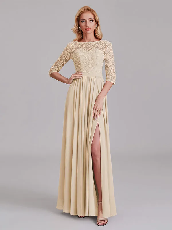 Charming Illusion 3/4 Sleeves Side Slit Chiffon Long Bridesmaid Dresses With Lace
