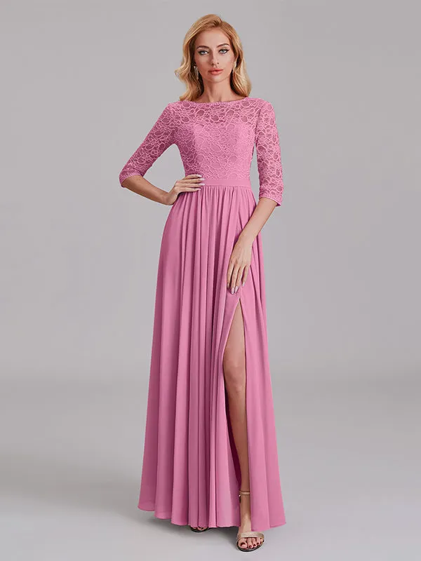 Charming Illusion 3/4 Sleeves Side Slit Chiffon Long Bridesmaid Dresses With Lace